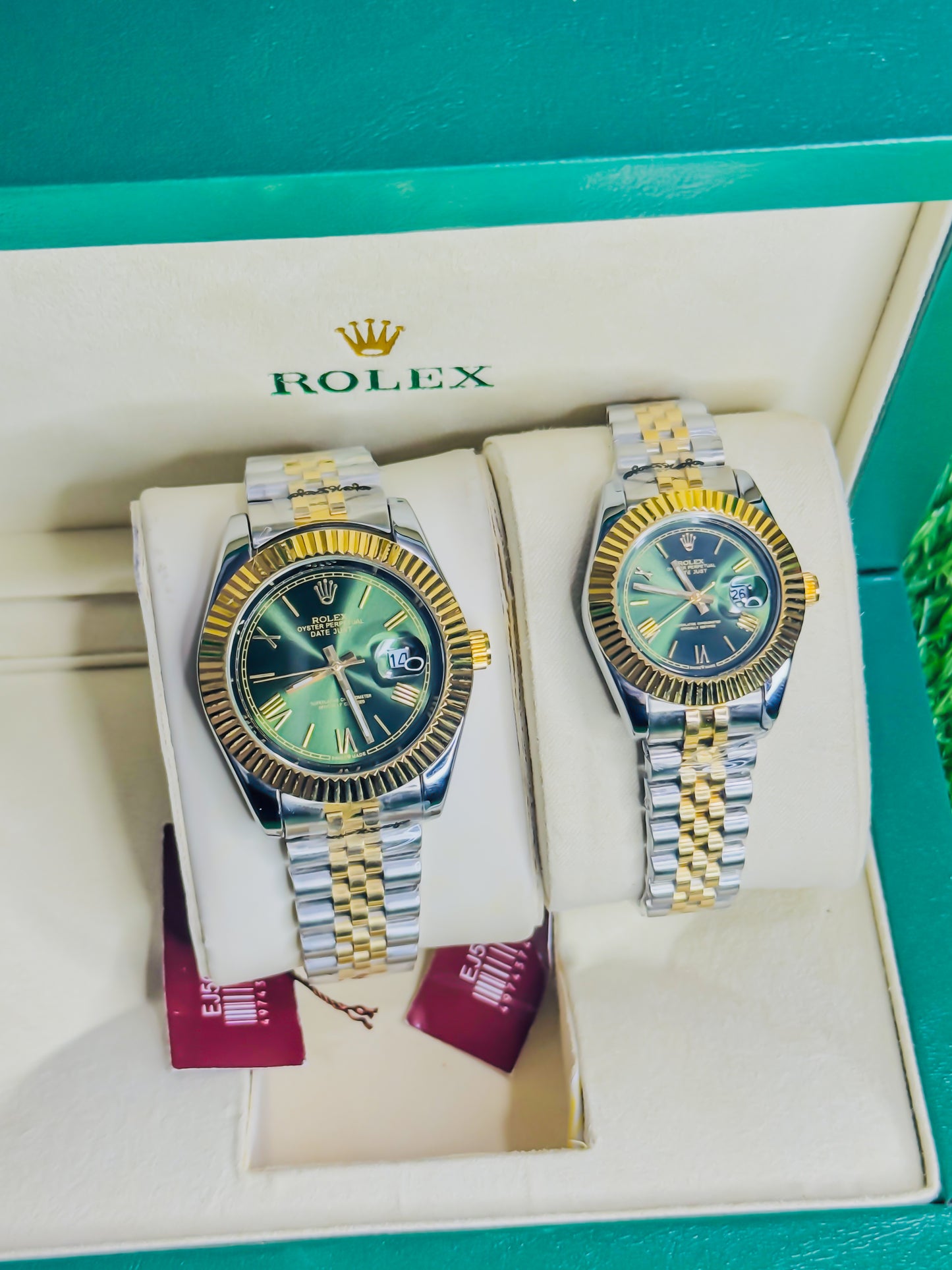 Rolex Date Just Dual - Green Dial Couple Watch