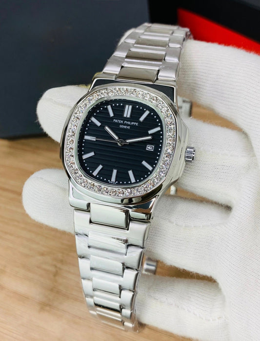 Patek Philippe Silver - Black Dial - Diamond Bezel