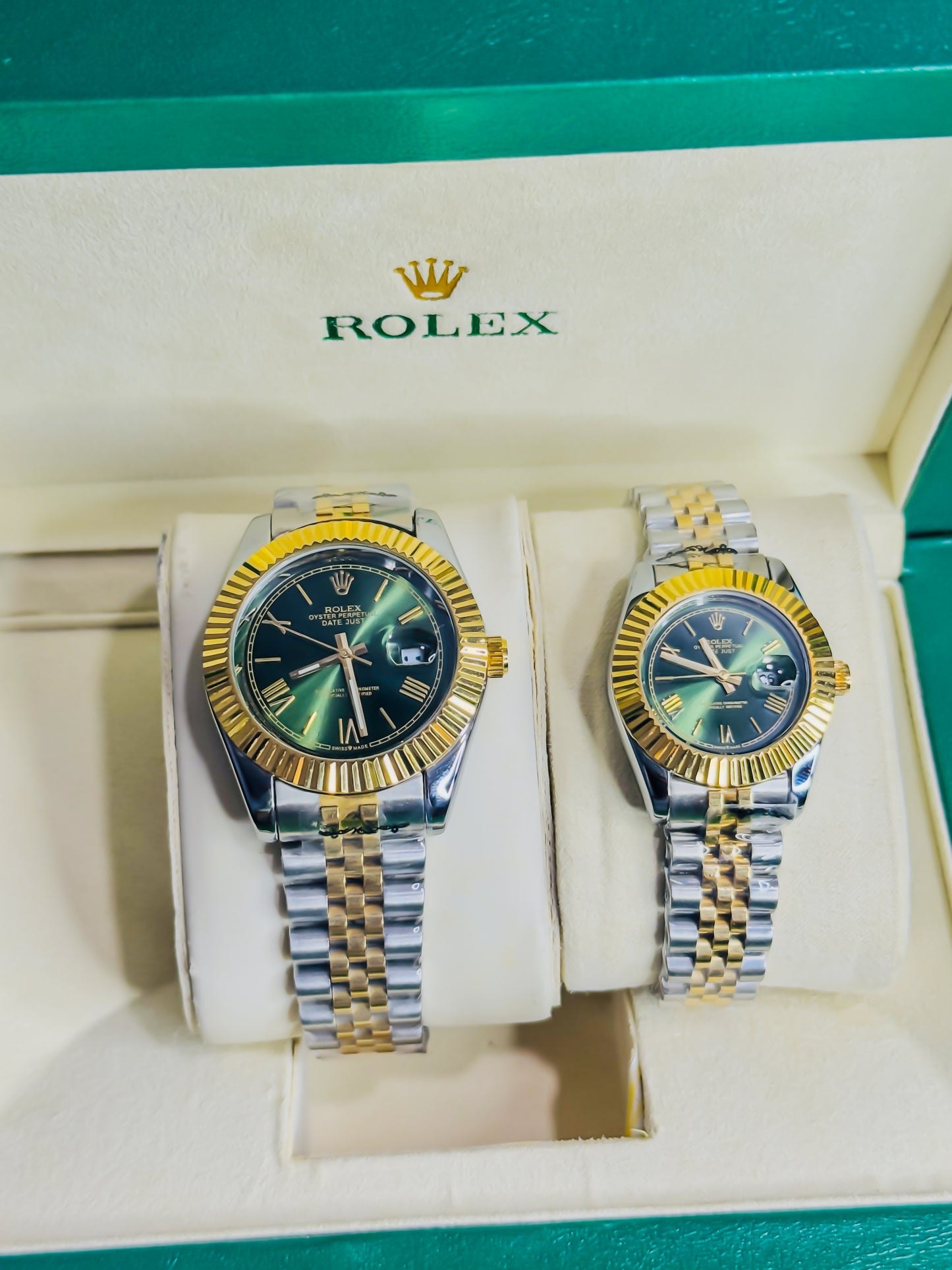 Rolex Date Just Dual - Green Dial Couple Watch