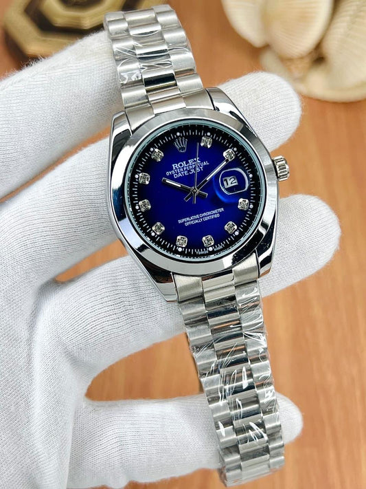 Rolex Royale Date Just Silver - Semi Auto Blue Dial Diamond Edition
