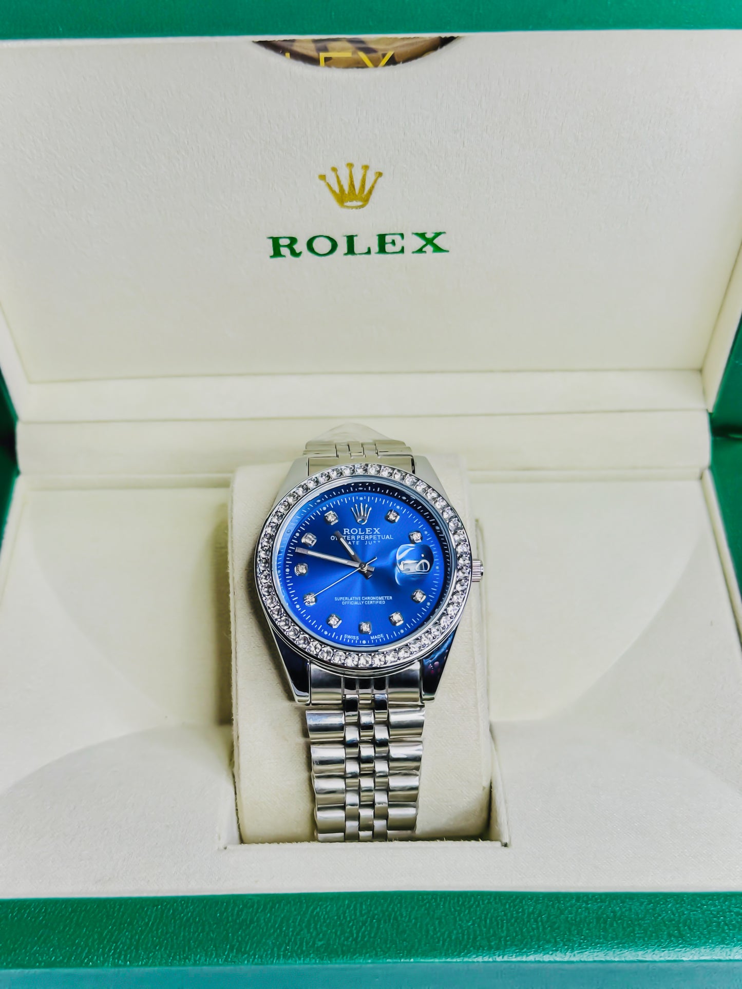 Rolex Date Just Silver - Blue Dial - Diamond Bezel
