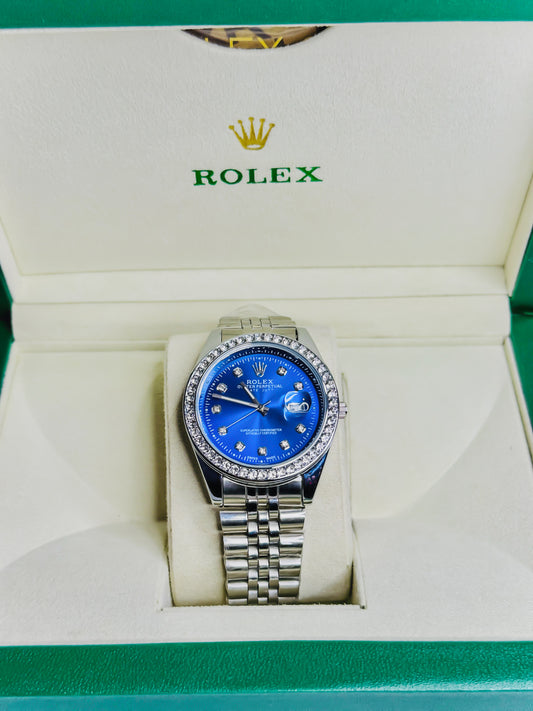 Rolex Date Just Silver - Blue Dial - Diamond Bezel