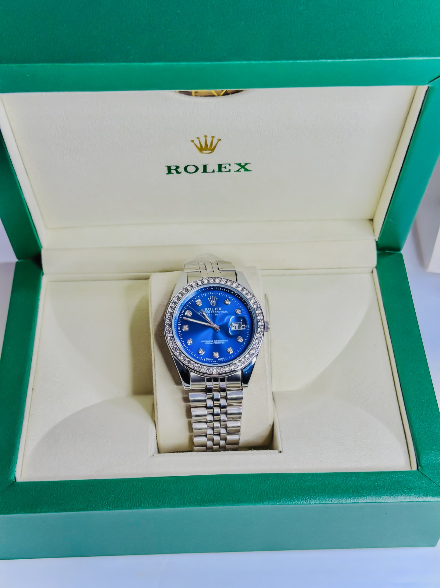 Rolex Date Just Silver - Blue Dial - Diamond Bezel