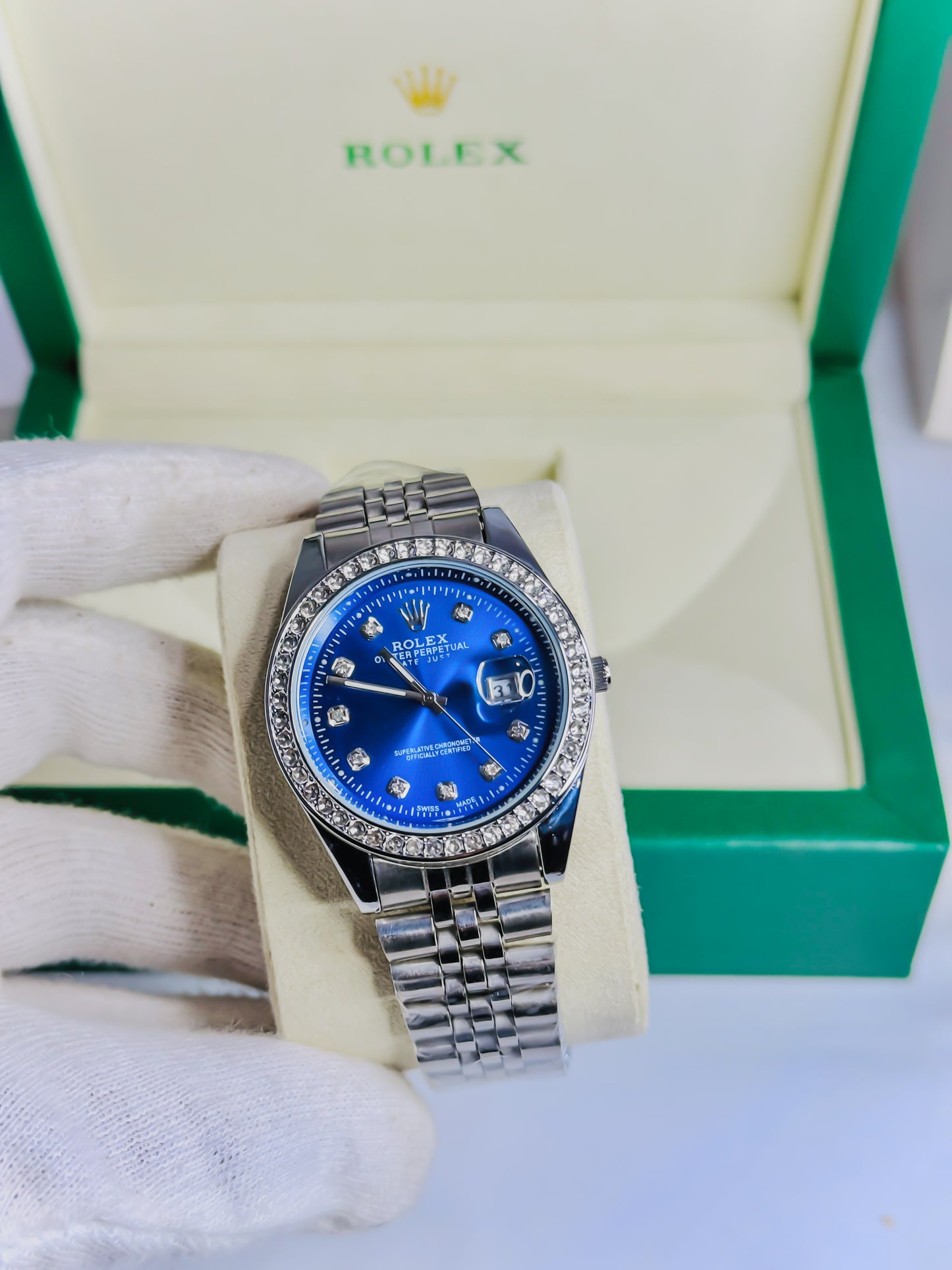Rolex Date Just Silver - Blue Dial - Diamond Bezel