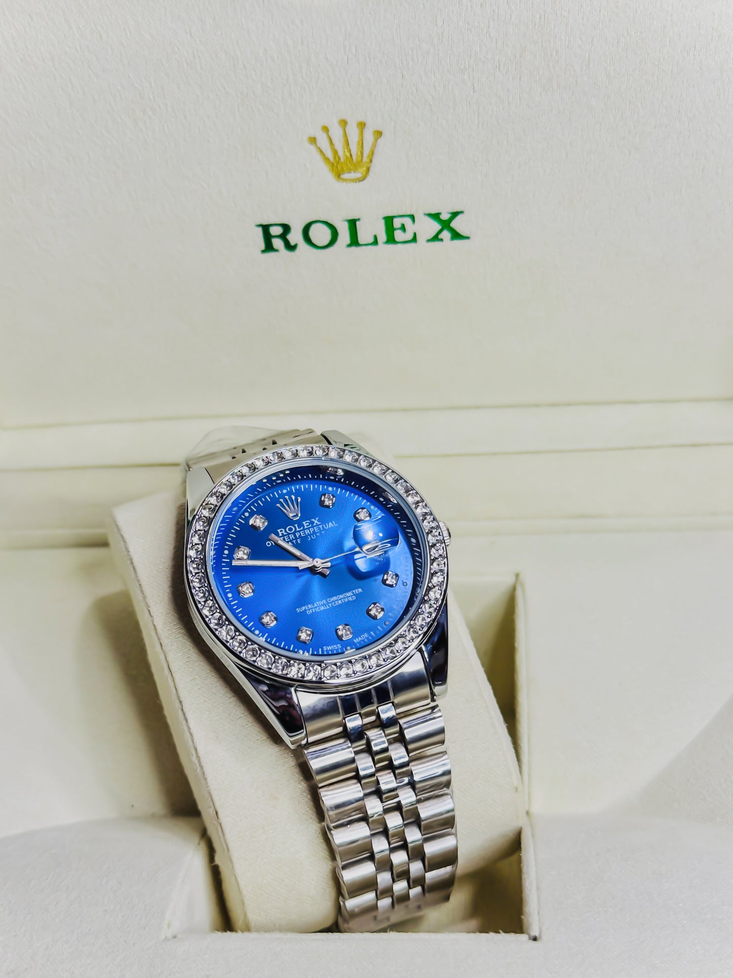 Rolex Date Just Silver - Blue Dial - Diamond Bezel