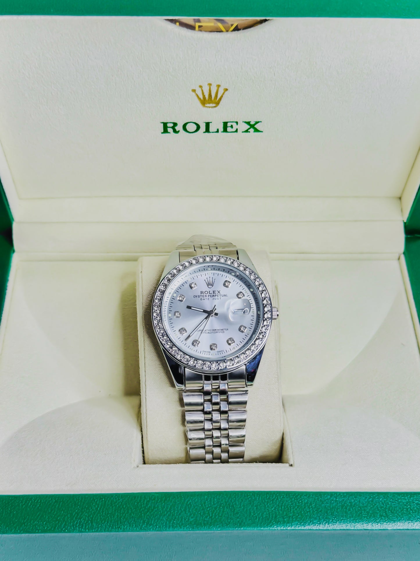 Rolex Date Just Silver - Diamond Bezel