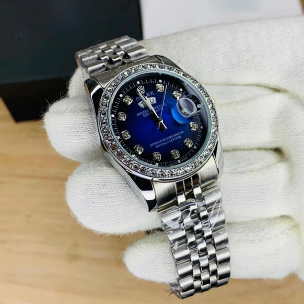 Rolex Day - Date Silver | Blue Dial | Diamond Bezel |