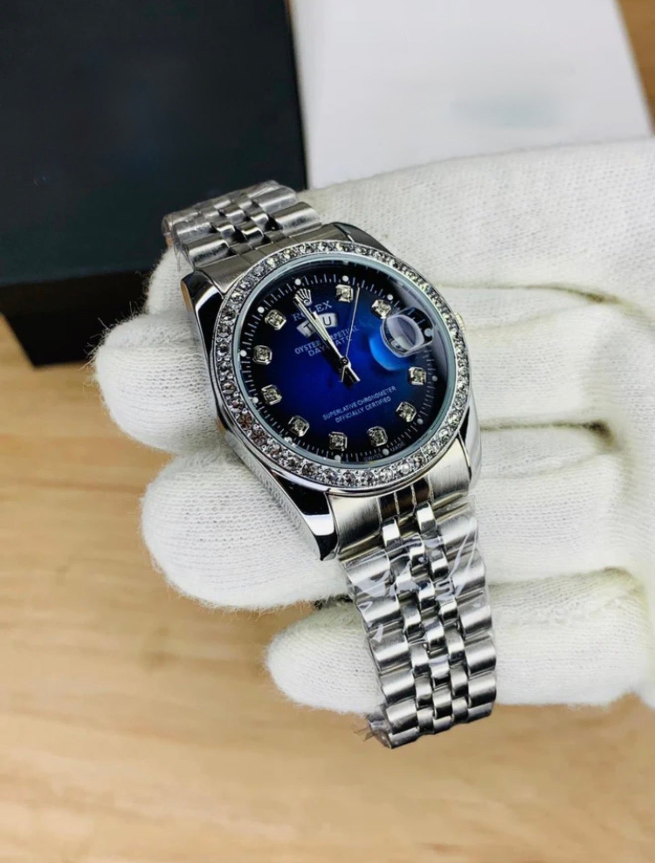 Rolex Day - Date Silver | Blue Dial | Diamond Bezel |