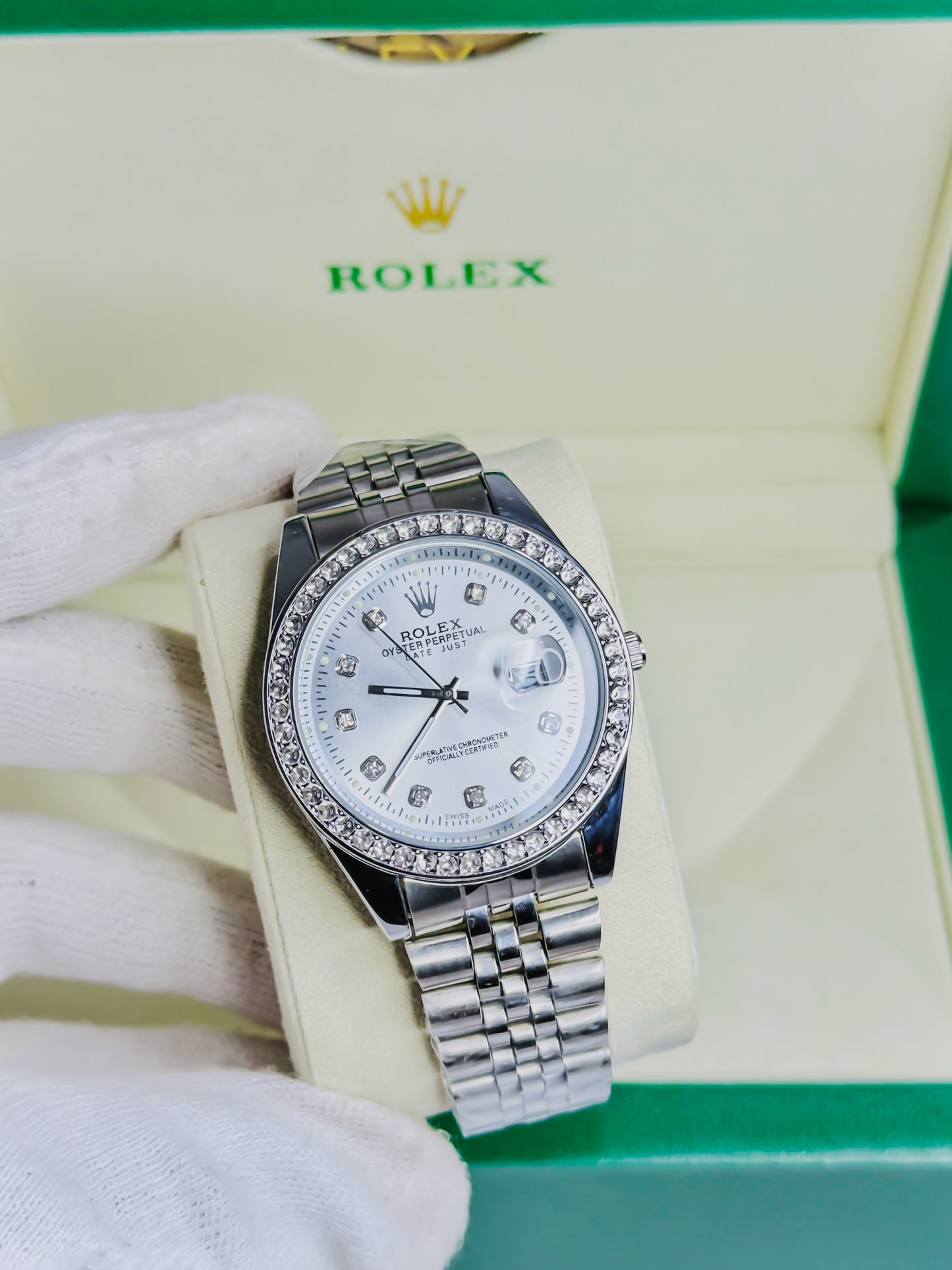 Rolex Date Just Silver - Diamond Bezel