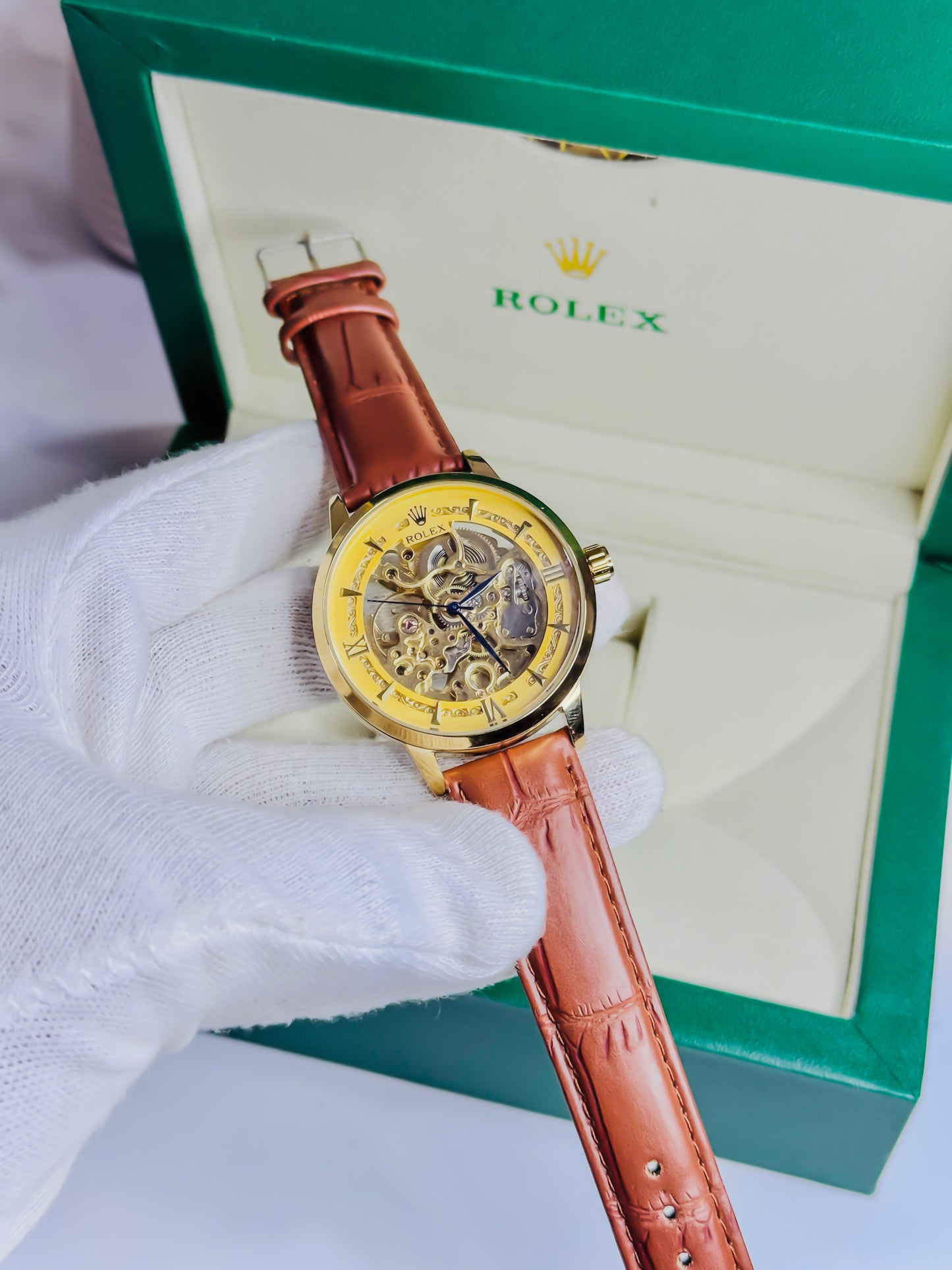 Rolex Automatic Skeleton -  Golden Brown Leather Edition